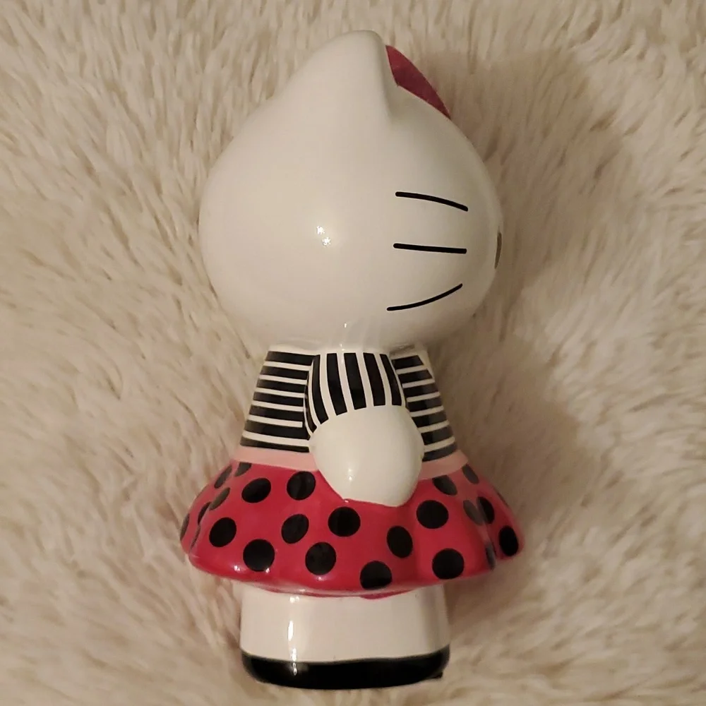 Hello Kitty Ceramic Coin Bank 8" Tall. Pink Polka Dot Skirt, Striped Blouse - Picture 3 of 10